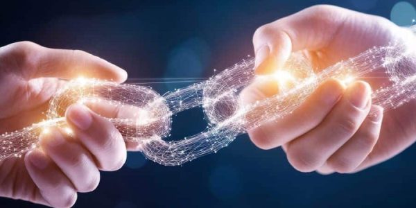 An abstract visualization depicting two interconnected hands. This image symbolizes collaboration and unity, showcasing a digital connection through glowing links.